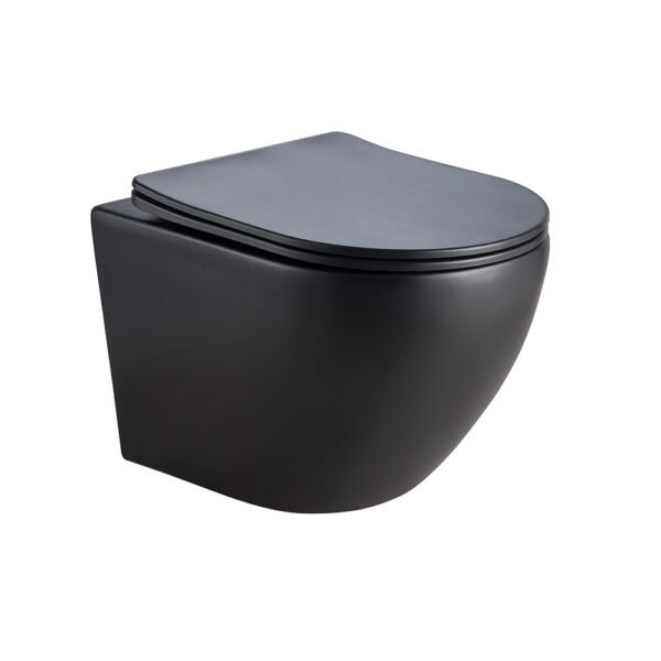 CUVETTE WC SUSPENDUE SANS BRIDE NOIRE MAT AVEC ABATTANT – Image 1