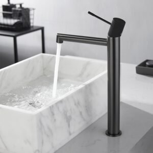 MITIGEUR LAVABO HAUT CARBONE AVEC VIDAGE MANETTE NOIRE SERIE DRAKAR