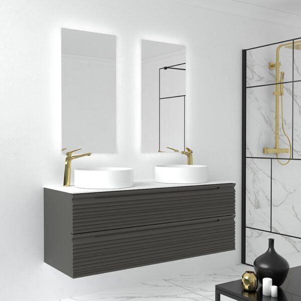 CAISSON DE MEUBLE 1200 SATINE ANTHRACITE DUNE 2 TIROIRS DOUBLE VASQUE – Image 1